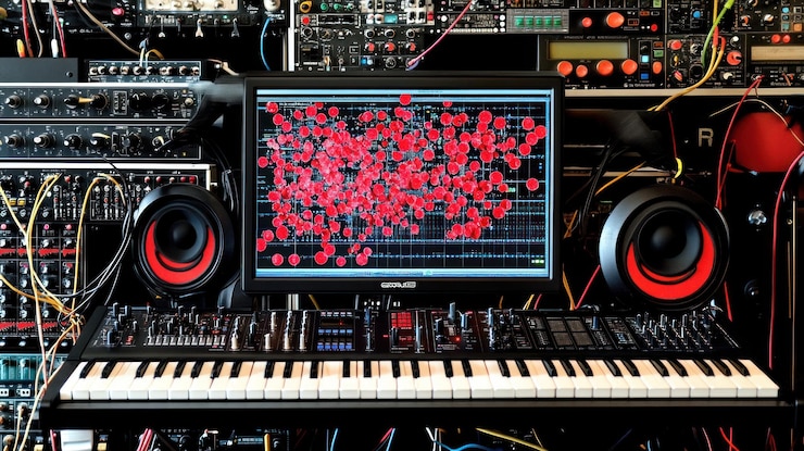 PSD music production setup with synthesizers and monitor