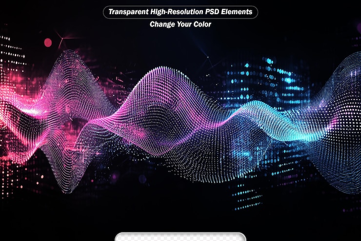 PSD the musical stream of sounds abstract background with interweaving of colored dots and lines