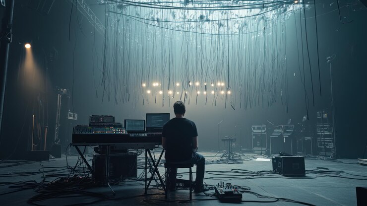 PSD musician at a sound setup in a dimly lit venue