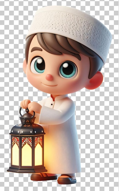 PSD muslim boy holds a ramadan lantern isolated on transparent background