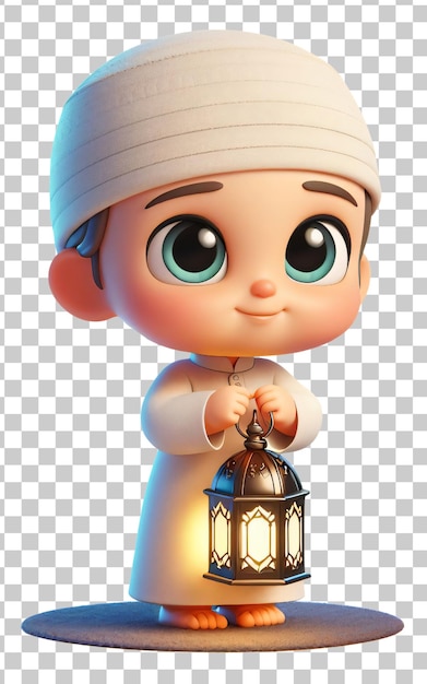 PSD muslim boy holds a ramadan lantern isolated on transparent background