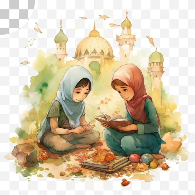 PSD muslim children reading book watercolor png background