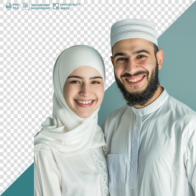 PSD muslim couple in traditional clothes isolated transparent background