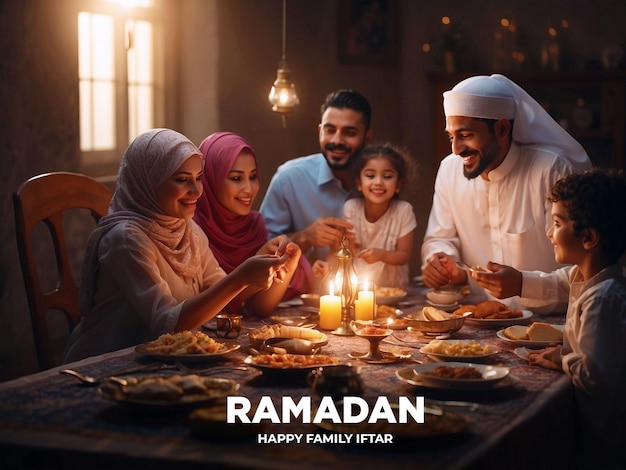 PSD a muslim family having ramadan meals together at home