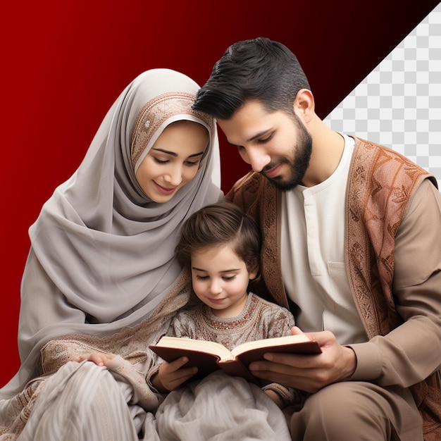 PSD Мусульманская семья читает коран в рамадан на прозрачном фоне