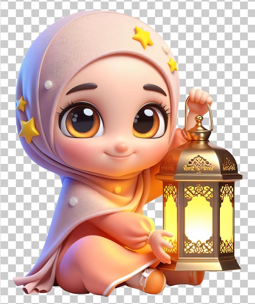 PSD muslim girl holds a ramadan lantern isolated on transparent background