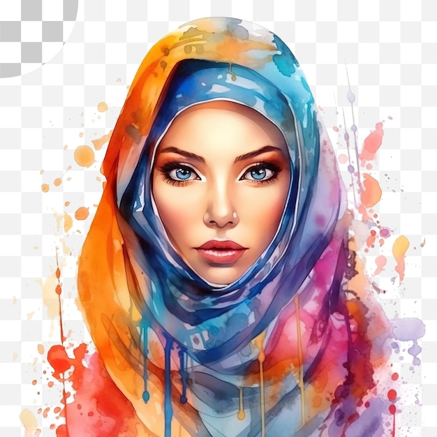 PSD muslim girl portrait watercolor png background