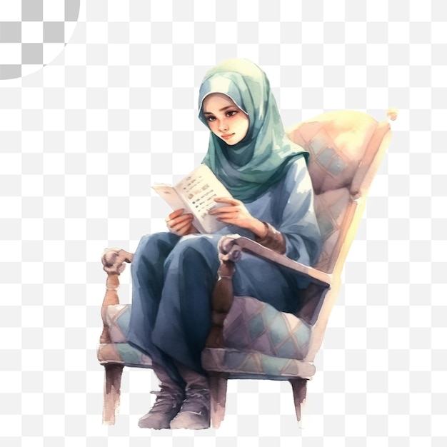 PSD muslim girl reading book watercolor png background