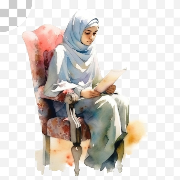 PSD muslim girl reading book watercolor png background