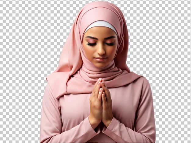 무슬림 여성 이 손 을 고 눈 을 감고 기도 하고 있다