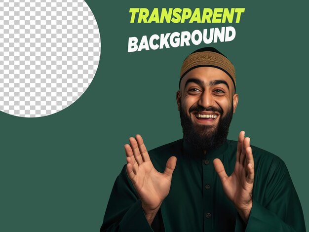 A Muslim man gives greetings on a transparent background