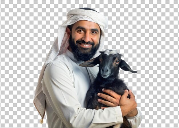 Muslim man holding goat isolated on a transparent background