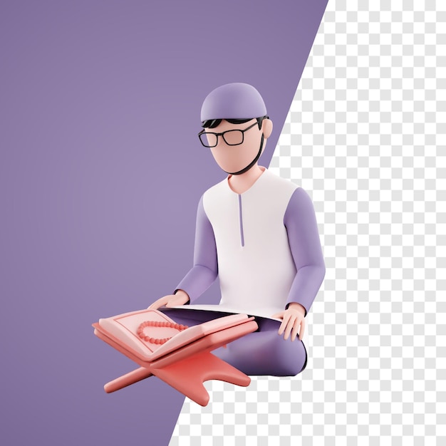 PSD muslim man read quran 3d rendering illustration