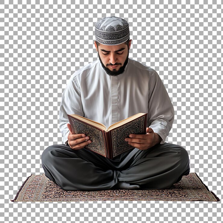 PSD muslim man reading quran isolated against a transparent background for islamic education religious posters or cultural themes