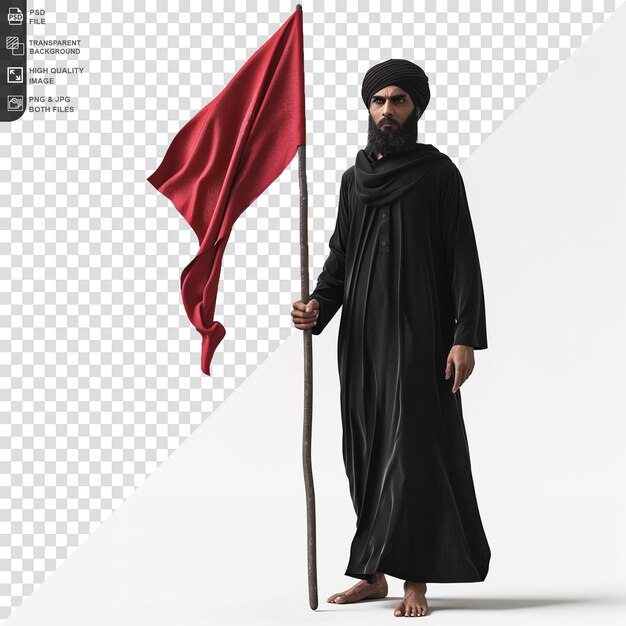 PSD muslim man with red flag isolated on transparet background png