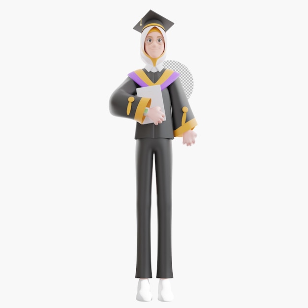 Muslim woman cartoon character celebrating university graduation.3d render