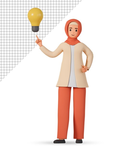 Muslim woman in hijab pointing at light bulb 3d illustration