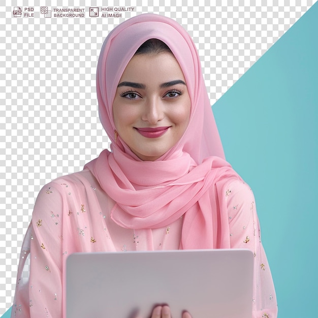 PSD muslim woman in hijab working on transparent background