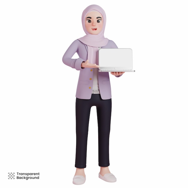 Muslim Woman Presenting with a Laptop 3D Character