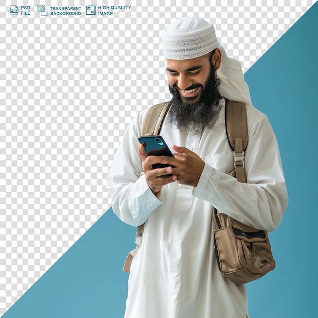 PSD muslim young man in traditional wear with backpack and using mobile transparent background