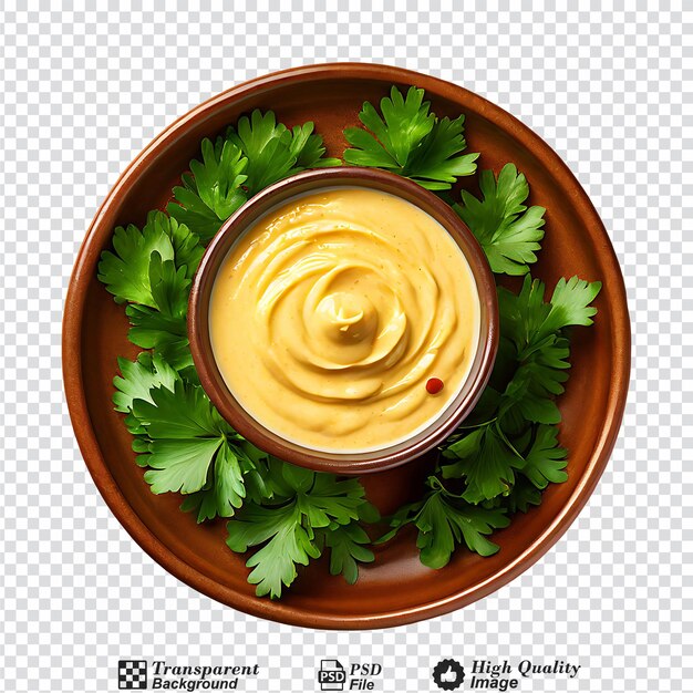 PSD mustard dip in a bowl top view isolated on transparent background