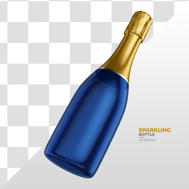 PSD musująca butelka w kolorze niebieskim i złotym na przezroczystym tle