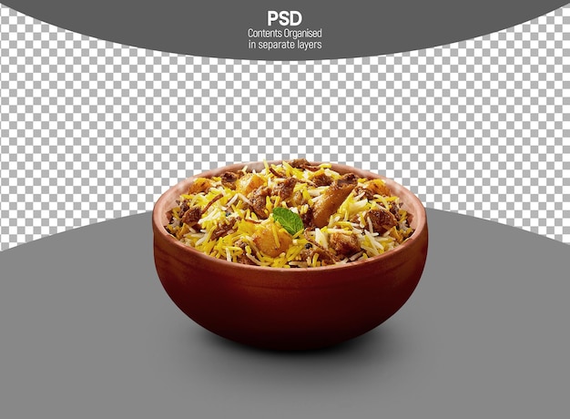 Mutton Biryani in Bowl isolated on Transparent background