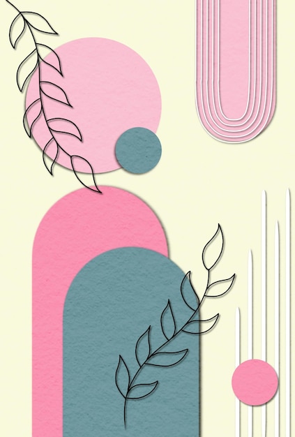 Muurschildering met abstracte geometrische vormen en lijnen lijnen die bladeren vormen pastelblauw en roze