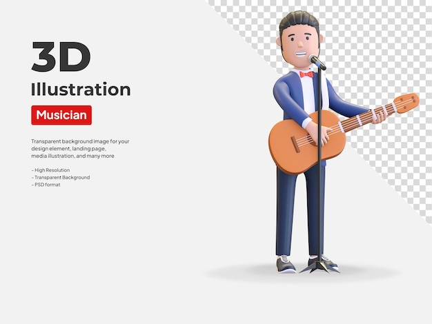 Muzikant zingen tijdens het spelen van akoestische gitaar karakter 3d illustratie render