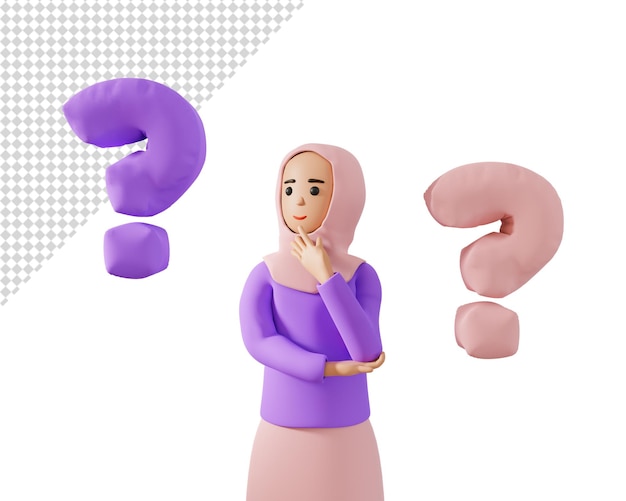 PSD muzułmańska kobieta w hidżabie z wahaniem patrząca na ilustrację 3d ze znakiem zapytania