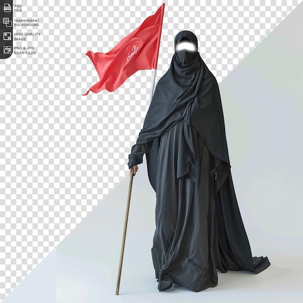 PSD muzułmańska kobieta z czerwoną flagą izolowana na transparentnym tle png