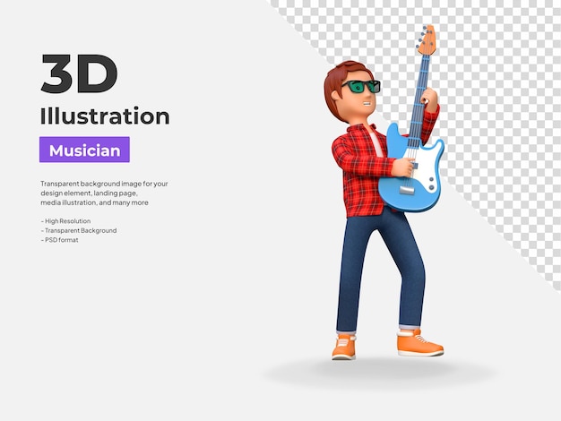 Muzyk grający na gitarze elektrycznej poza 3 ilustracja postaci 3d