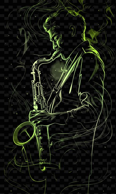 PSD muzyk jazzowy grający na saksofonie na słabo oświetlonej scenie z ilustracjami sm music poster designs