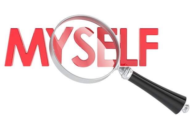 MYSELF met vergrootglas Zelfanalyse identiteit introspectie mindfulness concept 3D Rendering geïsoleerd op transparante achtergrond
