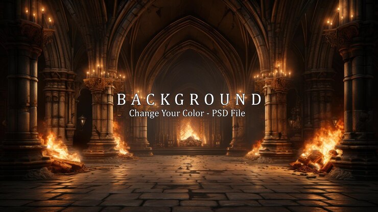 PSD mysterious dark gothic church interior with burning candles