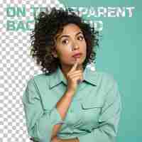 PSD mysterious hispanic childcare worker curly haired woman captivates with pensive pose on pastel mint canvas