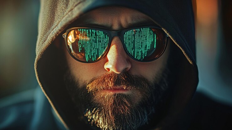 PSD mysterious man with beard wearing a hoodie and sunglasses reflecting code