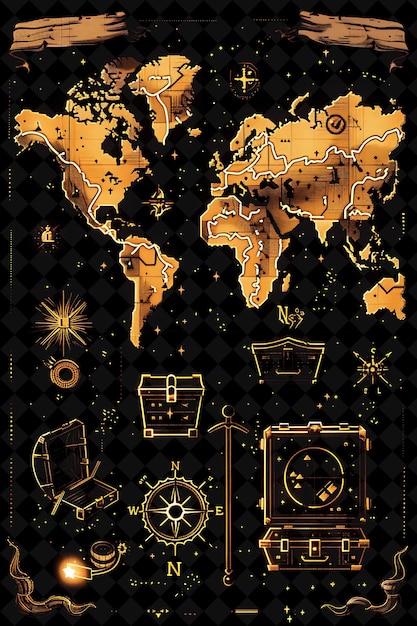 PSD mysterious map 8 bit pixel with compasses and treasure chest y2k shape neon color art collections