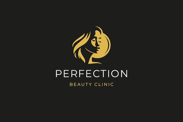 mystery woman head with moon golden minimalist silhouette logo design template flat