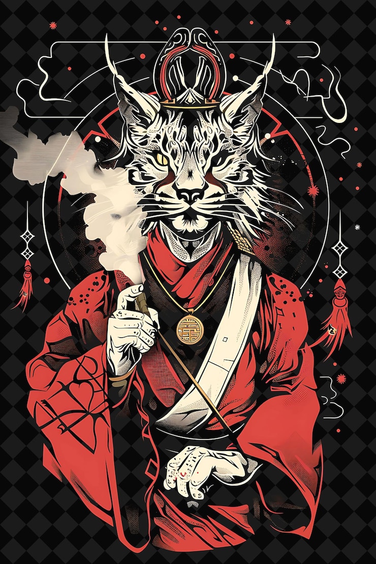 PSD mystical asian lynx ninja portrait carrying a smoke bomb wit illustration animal warrior character
