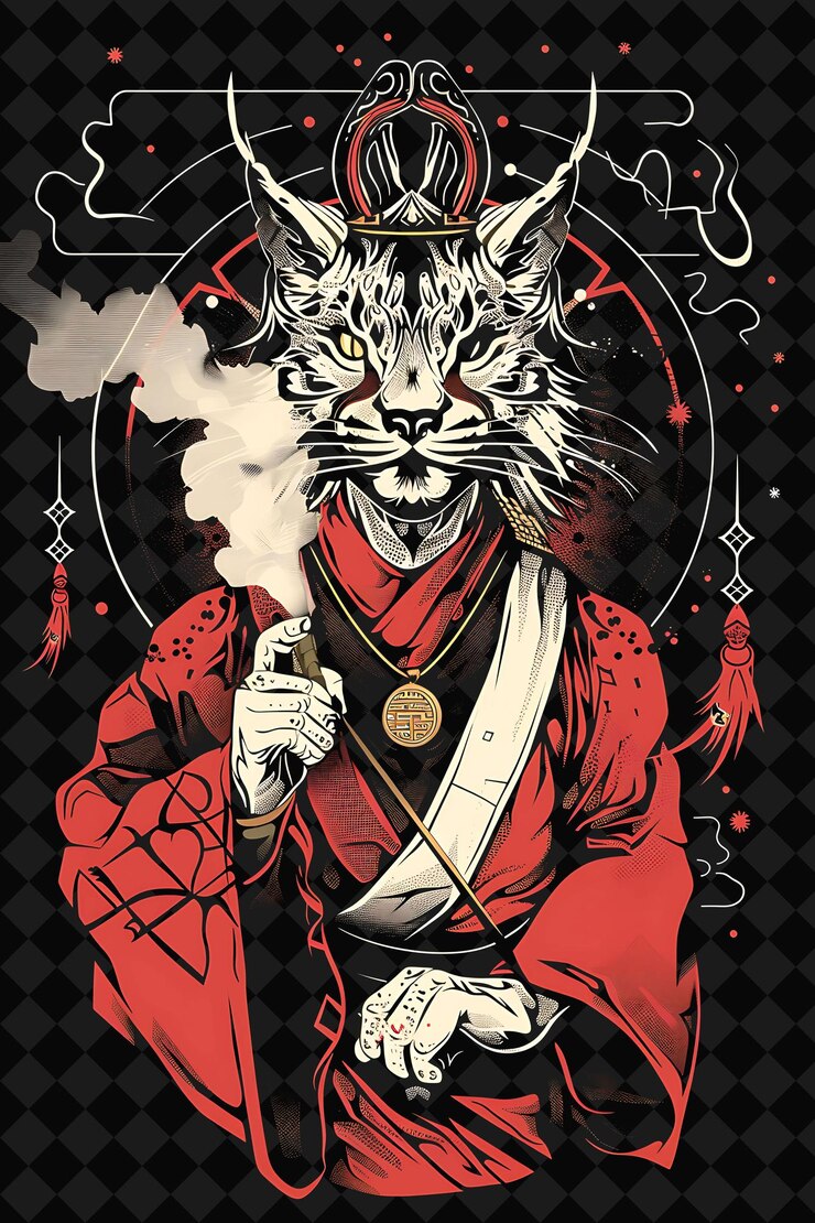 PSD mystical asian lynx ninja portrait carrying a smoke bomb wit illustration animal warrior character