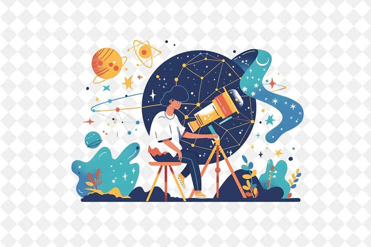 PSD mystical astrologer with characters studying the stars and p png people in daily work illustration
