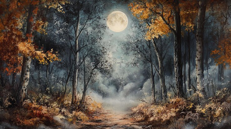 PSD mystical autumn forest path at night illuminated by a full moon