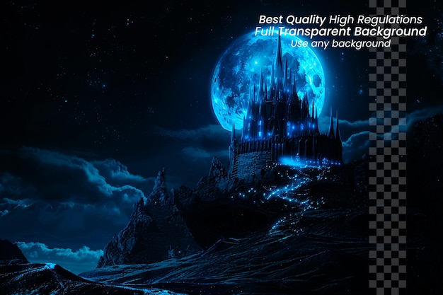 PSD mystical citadel fantasy castle bathed in moonlight on transparent background