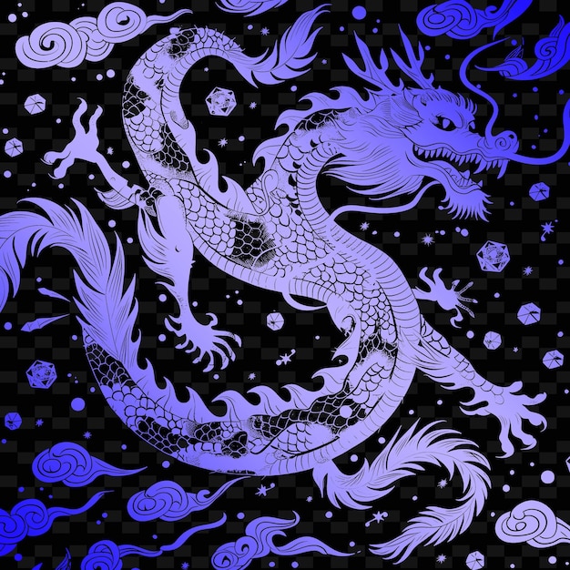 PSD Мистическое драконское народное искусство с рисунком весов и огненной детай иллюстрацией коллекция декоративных мотивов
