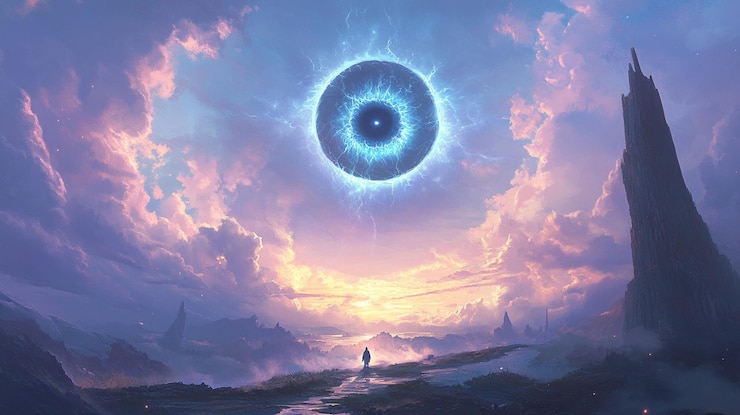 PSD mystical eye in sky above fantasy landscape with lone figure