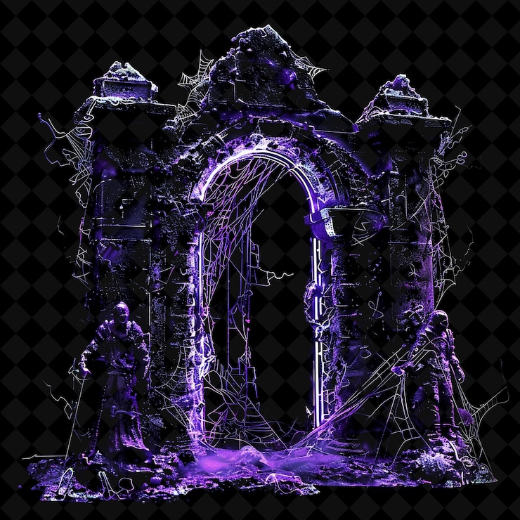 PSD mystical haunted mansion gate with ghostly figures and cobwe png y2k shape neon color collection