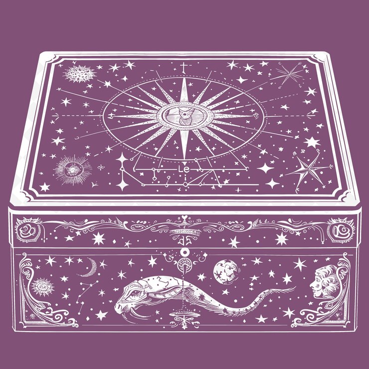 PSD mystical jewelry box outline with zodiac signs and celestia illustration decor motifs collection