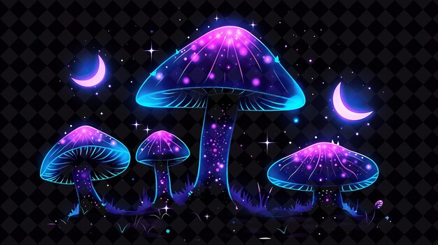 PSD mystical mushroom 16 bit pixel with stars and moons with a d y2k shape neon color art collections