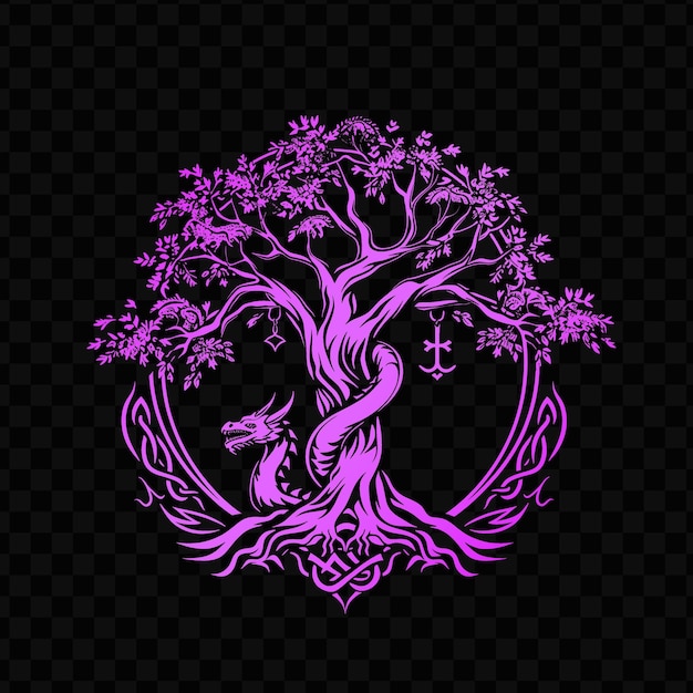 Mystical oak tree logo with decorative dragon and runes desi psd vector craetive simple design art